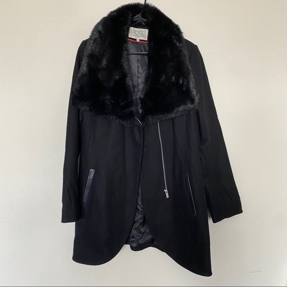 Rachel faux fur collar black wool coat